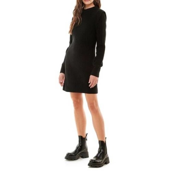 WAYF Puff Detail Shoulder Knit Pullover Sweater Dress Long Sleeve in Black - Picture 1 of 6